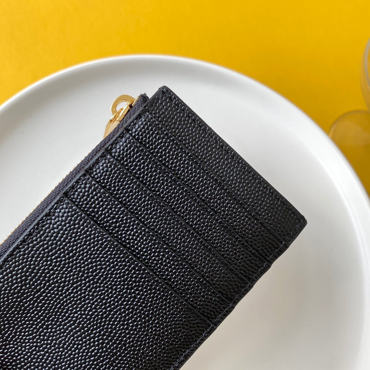 Stylish Saint Laurent Quilted Leather Zip Card Holder with Silver Logo 607915