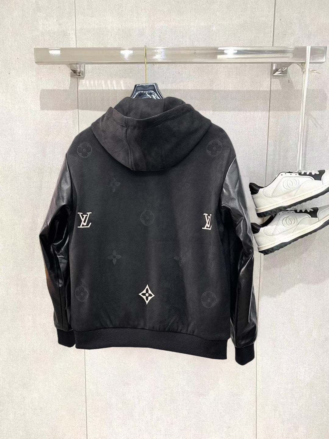 Louis Vuitton Men's Embossed Monogram Hooded Zip-Up Jacket with Contrast Sleeves