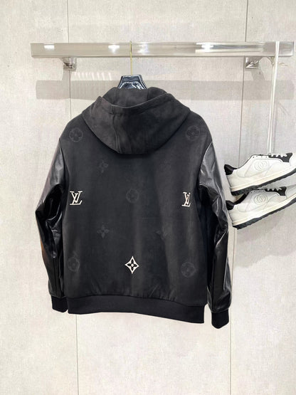 Louis Vuitton Men's Embossed Monogram Hooded Zip-Up Jacket with Contrast Sleeves