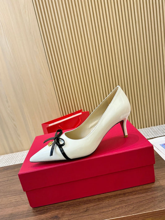 Valentino Women's Pointed Toe Bow High Heels Luxury Patent Leather Pumps