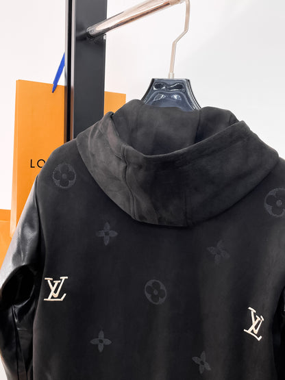 Louis Vuitton Men's Embossed Monogram Hooded Zip-Up Jacket with Contrast Sleeves