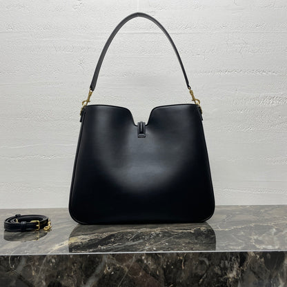 Celine 16 Soft Black Leather Hobo Bag With Gold - Tone Lock Accent 119563