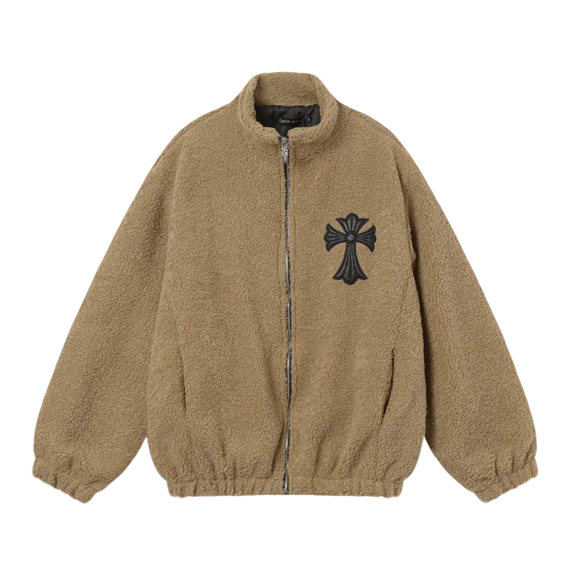 Chrome Hearts Inspired Brown Sherpa Jacket With Cross Patch