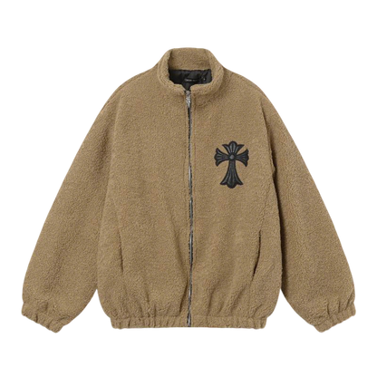 Chrome Hearts Inspired Brown Sherpa Jacket With Cross Patch