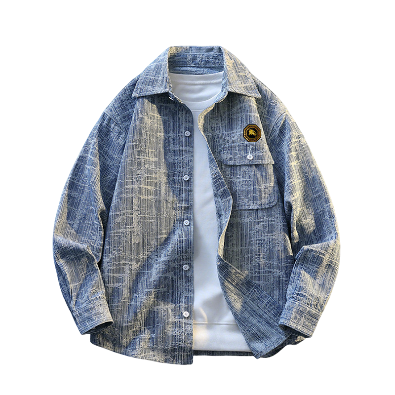 Burberry - Inspired Blue Textured Denim Shirt Jacket with Badge