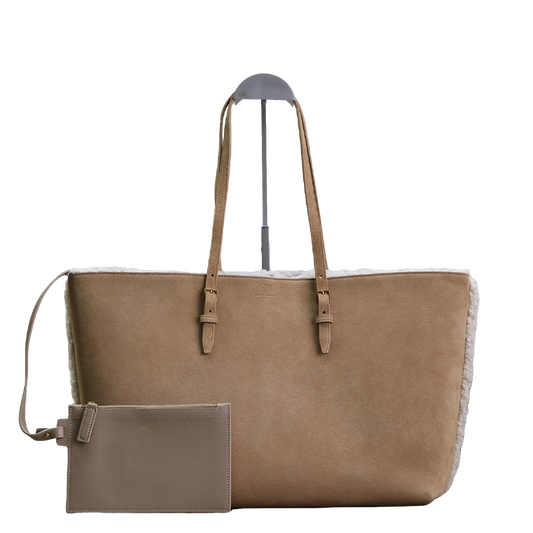 YSL Shopping tote bag Beige Suede Shearling - Lined Tote With Matching Pouch 394195