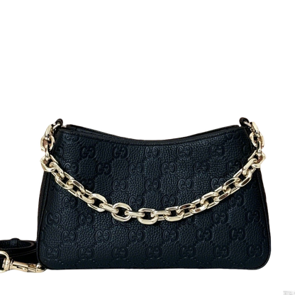Gucci Black Embossed GG Leather Shoulder Bag with Chunky Gold - Tone Chain Strap 815263