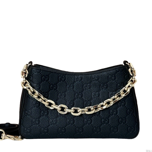Gucci Black Embossed GG Leather Shoulder Bag with Chunky Gold - Tone Chain Strap 815263