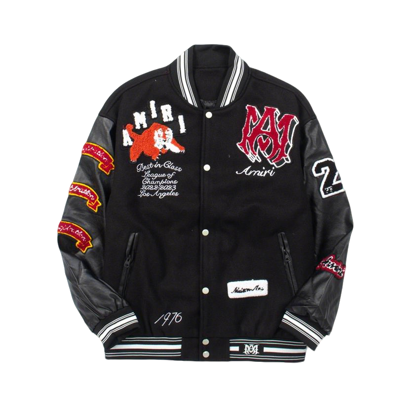Amiri Black Varsity Jacket With Tiger Patch And Embroidery