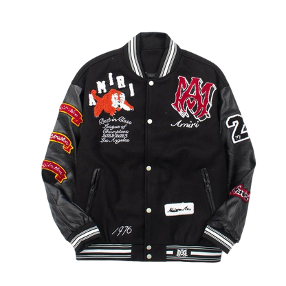 Amiri Black Varsity Jacket With Tiger Patch And Embroidery