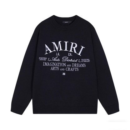 Amiri Men's Black Crew Neck Knitted Sweater With Artistic Brand Slogan