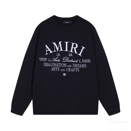 Amiri Men's Black Crew Neck Knitted Sweater With Artistic Brand Slogan