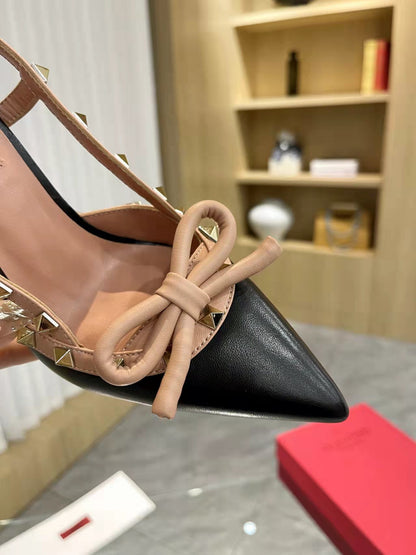 Valentino Women's Rockstud Bow Slingback Pumps Luxury Pointed Toe High Heels