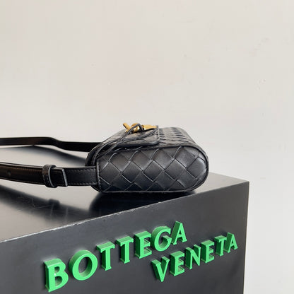 Bottega Veneta Woven Leather Crossbody Bag With Gold Lock Fashion Statement Piece Style No.755545