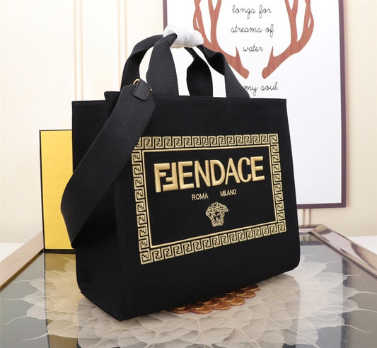 Chic Fendi Fendace Tote Bag With Gold - Embroidered Logo And Greek Key Detailing 550888