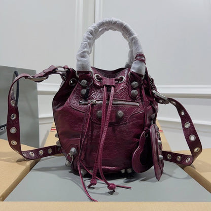 Metallic Balenciaga Bucket Bag with Studs and Adjustable Straps for Edgy Fashion Style No.3033