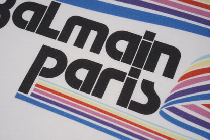 Balmain White/Black Tee With Colorful Striped Logo For Fashion - Forward Casual Outfits