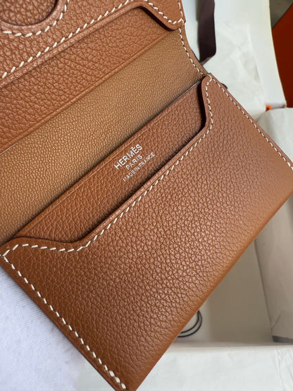 Hermes - Styled Brown Leather Wallet in Signature Orange Box with Button Closure 105-1