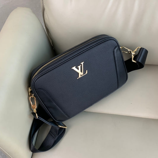 Elegant Black Louis Vuitton Crossbody Bag with Gold Logo and Adjustable Strap