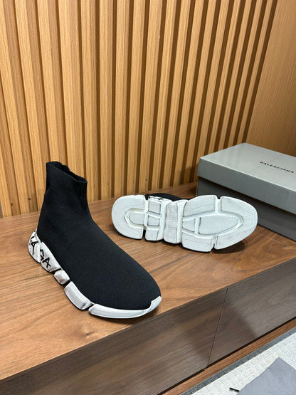 Balenciaga Unisex Black Sock Sneakers with Graffiti Sole for Fashion-forward Men and Women