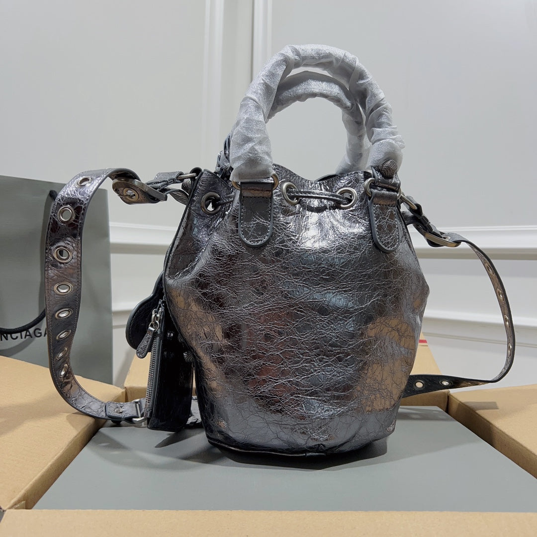 Metallic Balenciaga Bucket Bag with Studs and Adjustable Straps for Edgy Fashion Style No.3033