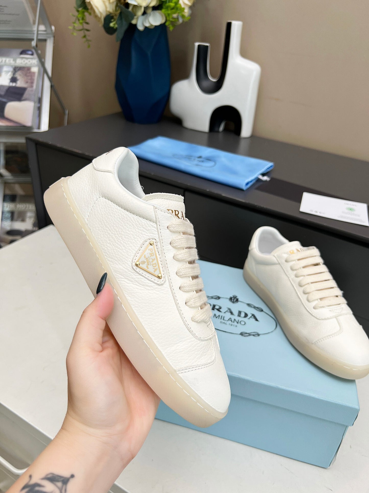 Prada Unisex Sneakers Triangle Logo Luxury Fashion Sneakers