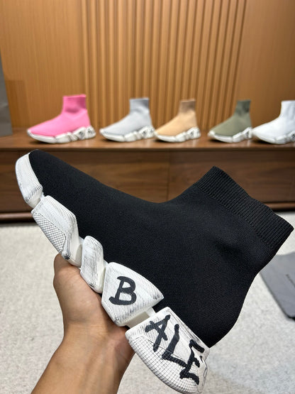 Balenciaga Unisex Black Sock Sneakers with Graffiti Sole for Fashion-forward Men and Women