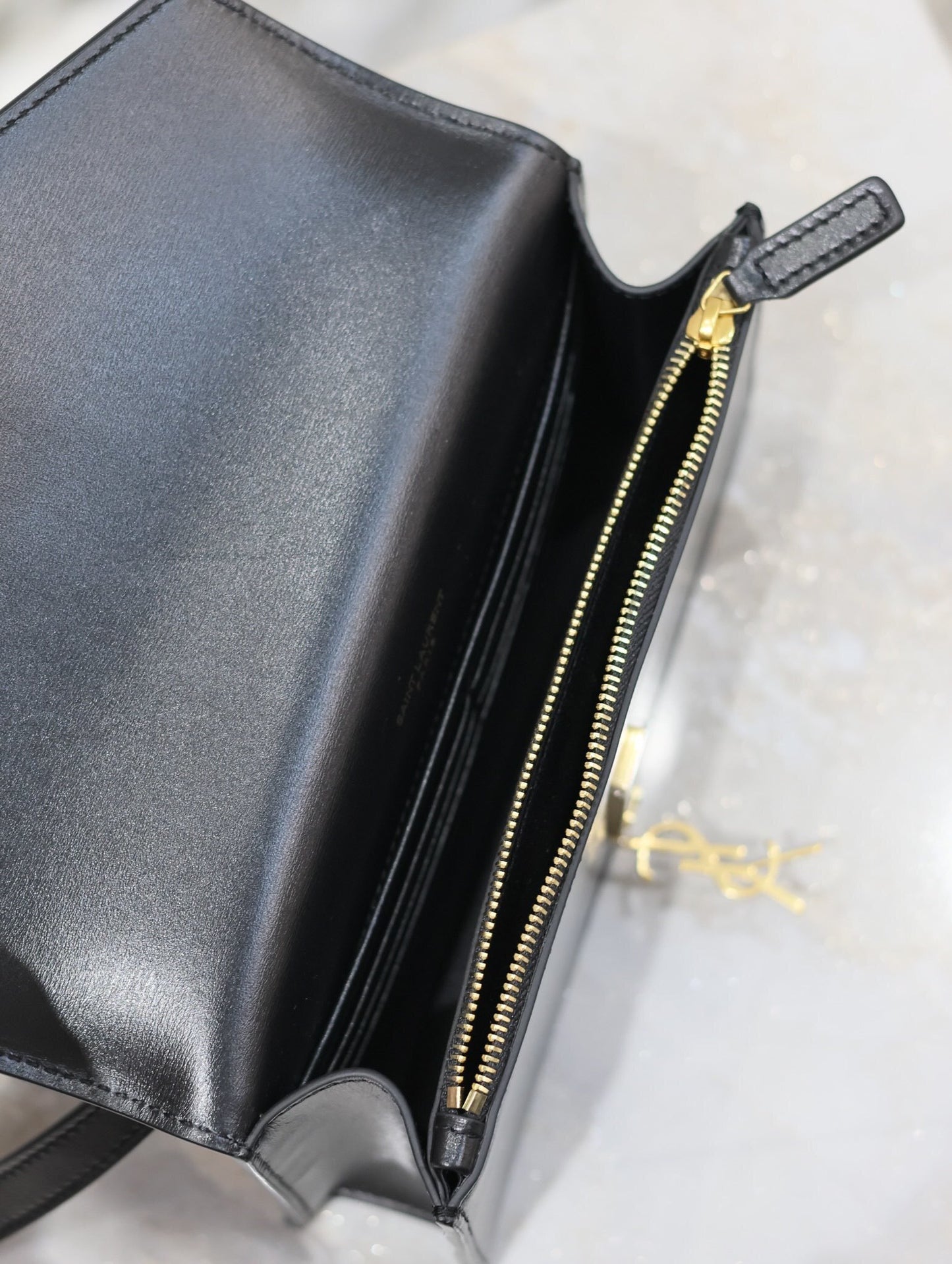 YSL VOLTAIRE Black Leather Envelope Crossbody Bag with Gold Logo 785281