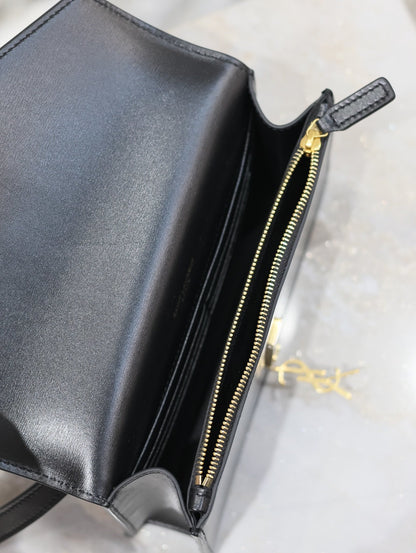 YSL VOLTAIRE Black Leather Envelope Crossbody Bag with Gold Logo 785281