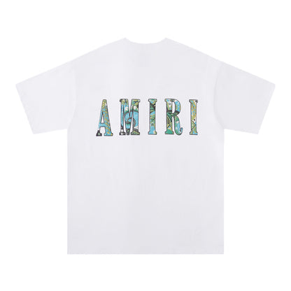 AMIRI White/Black Tee With Colorful Camo Logo For Stylish Streetwear Looks