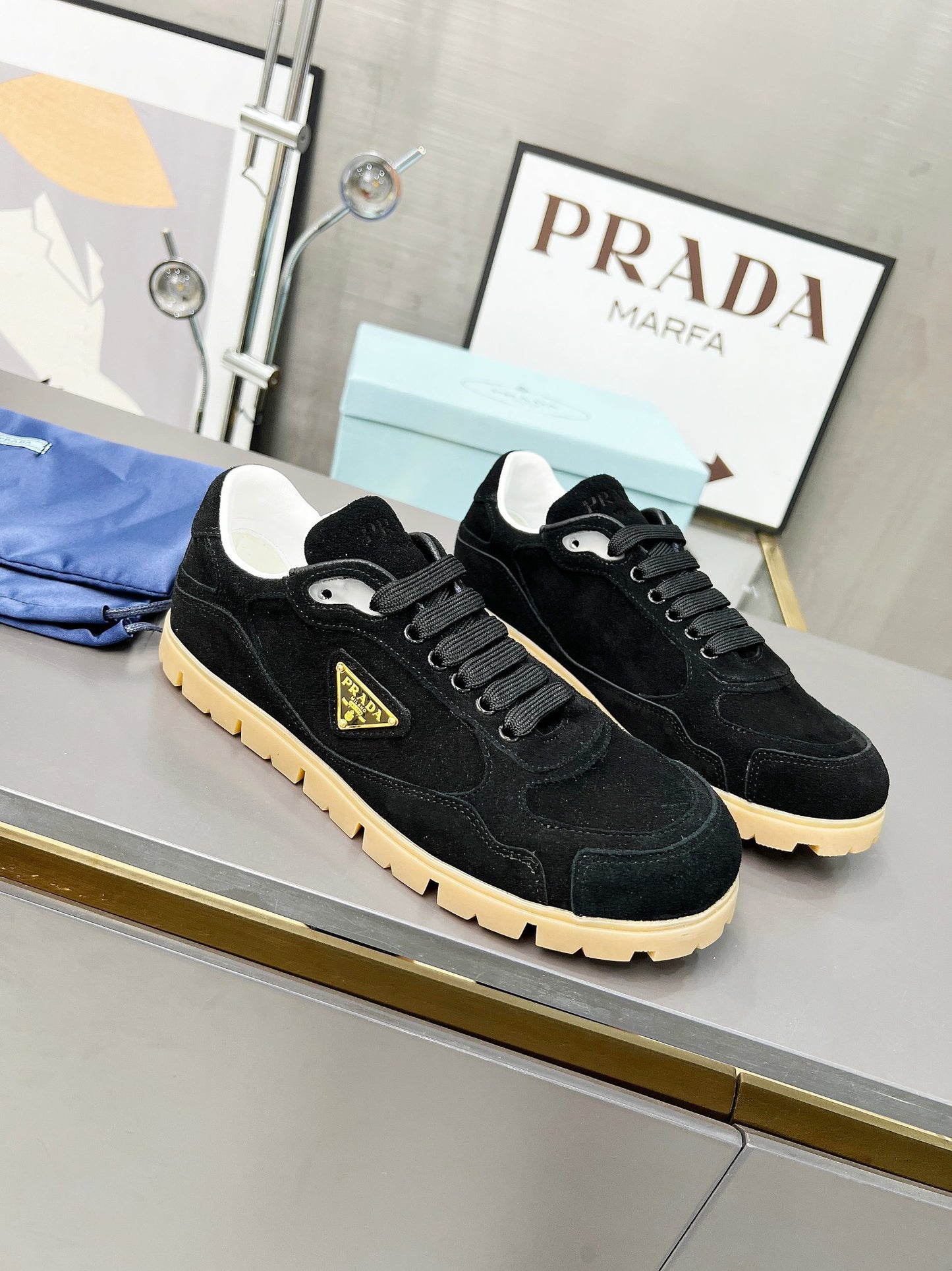 Prada Unisex Sneakers Triangle Logo Suede Luxury Sneakers