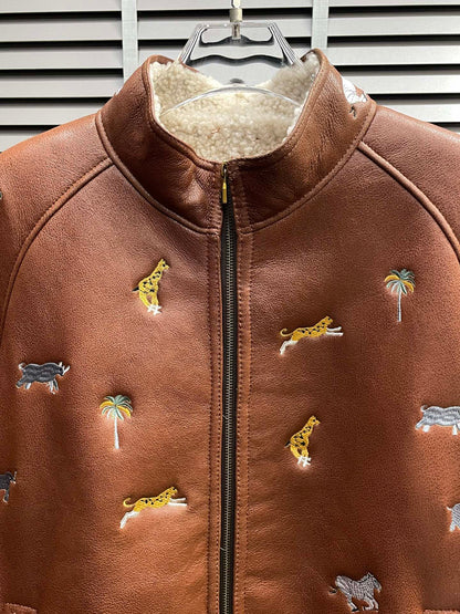 Louis Vuitton Leather Jacket with Safari Animal Embroidery