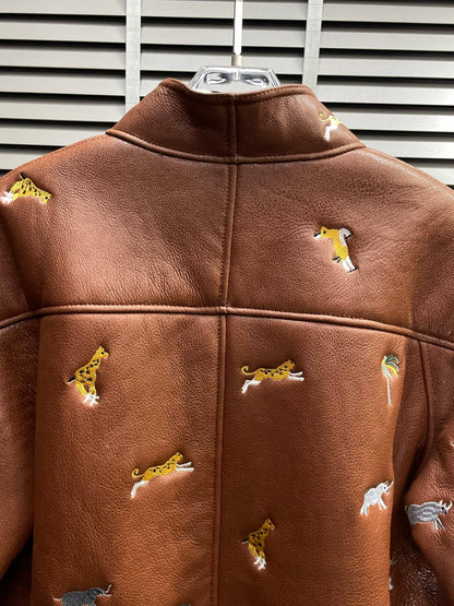 Louis Vuitton Leather Jacket with Safari Animal Embroidery