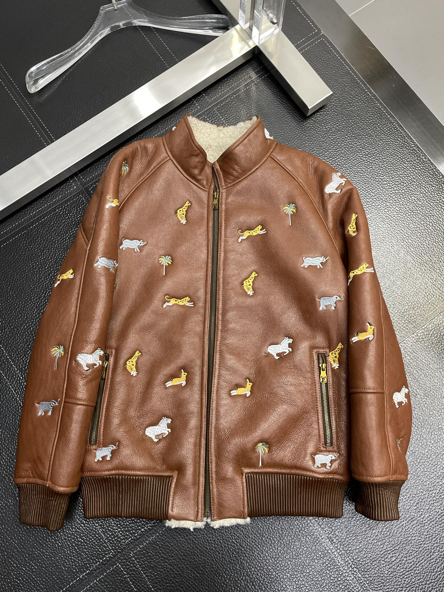 Louis Vuitton Leather Jacket with Safari Animal Embroidery
