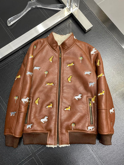 Louis Vuitton Leather Jacket with Safari Animal Embroidery