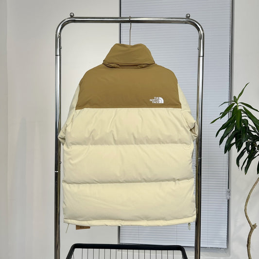 The North Face Nuptse Puffer Jacket With Beige And Brown Colorblock Design