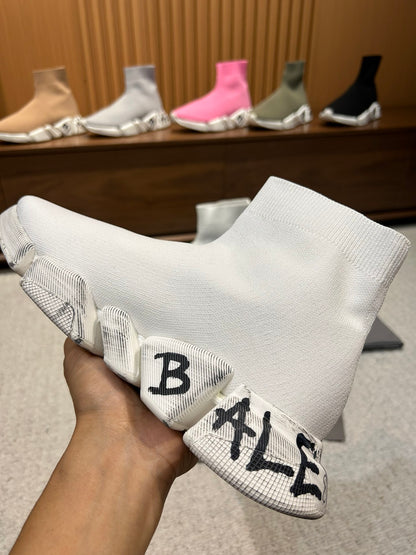 Balenciaga Unisex Sock Sneakers Stylish White Design with Graffiti Detail for Fashion Enthusiasts