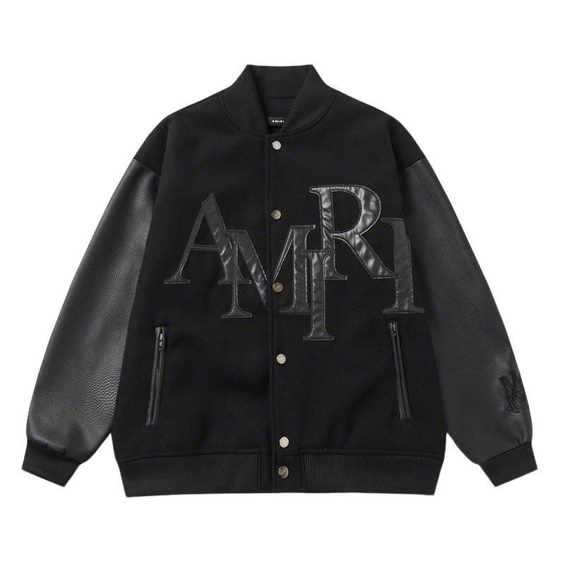 Amiri Black Varsity Jacket With Leather Sleeves And Logo