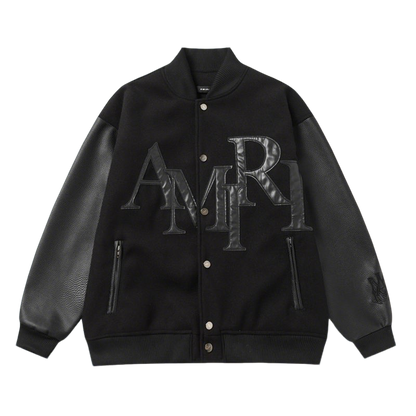 Amiri Black Varsity Jacket With Leather Sleeves And Logo