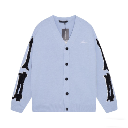 Amiri Men's Light Blue V - Neck Cardigan With Skeleton Print Details