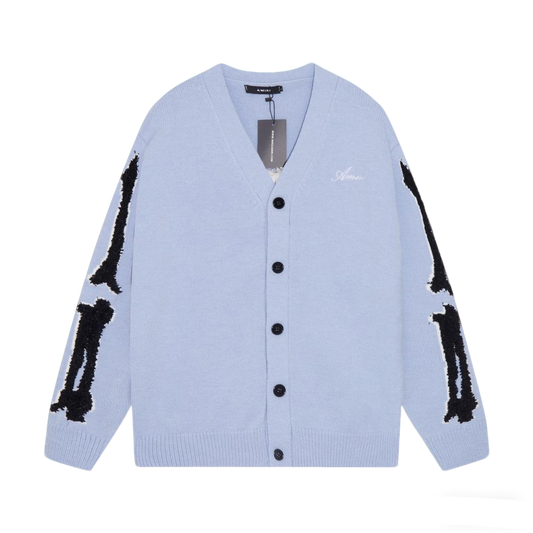 Amiri Men's Light Blue V - Neck Cardigan With Skeleton Print Details