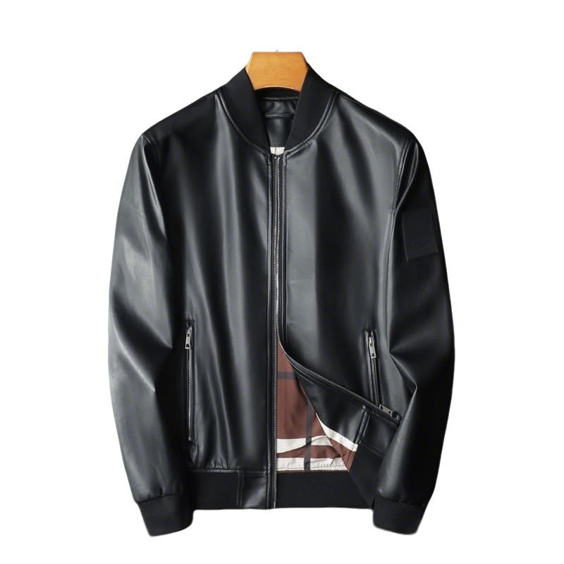Burberry - Style Black Leather Bomber Jacket with Checkered Lining