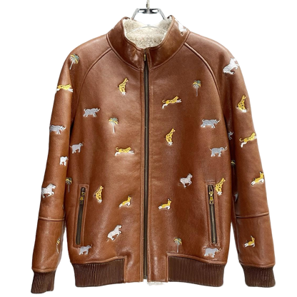 Louis Vuitton Leather Jacket with Safari Animal Embroidery