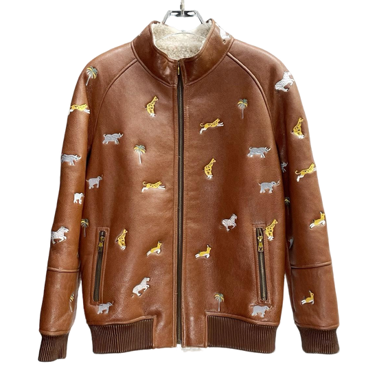 Louis Vuitton Leather Jacket with Safari Animal Embroidery