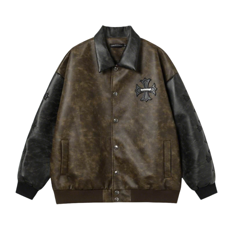 Chrome Hearts Inspired Brown Leather Jacket With Cross Emblem