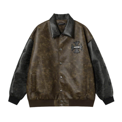 Chrome Hearts Inspired Brown Leather Jacket With Cross Emblem