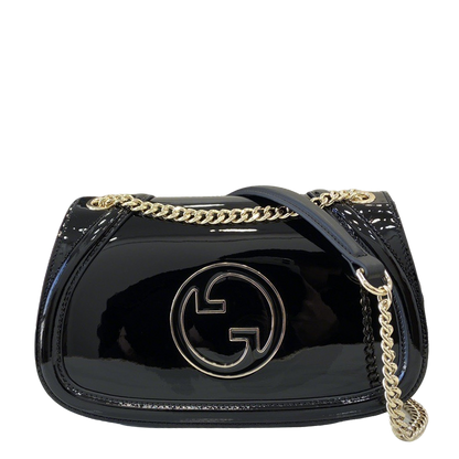 Gucci Black Patent Leather Shoulder Bag With Gold Tone Interlocking G Logo And Chain Strap 815715