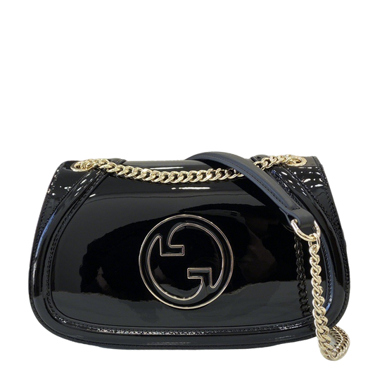 Gucci Black Patent Leather Shoulder Bag With Gold Tone Interlocking G Logo And Chain Strap 815715