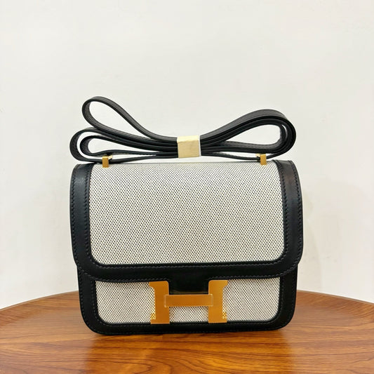 Stylish Hermès Constance - Inspired Canvas and Leather Crossbody Bag with Gold H Buckle 1922