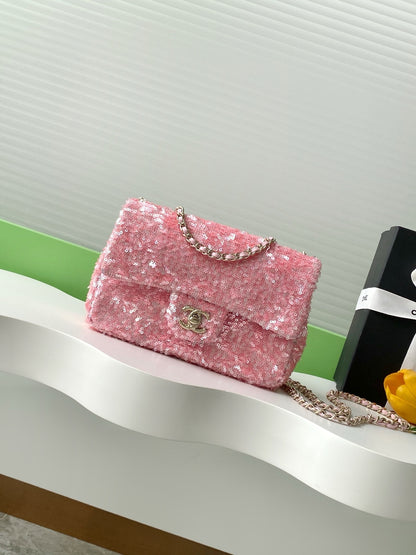 Chanel Black Sequin - Embellished Handbag With Gold CC Logo And Chain Strap AS4561